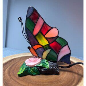 Stained Glass Butterfly Accent Lamp with Rose Base